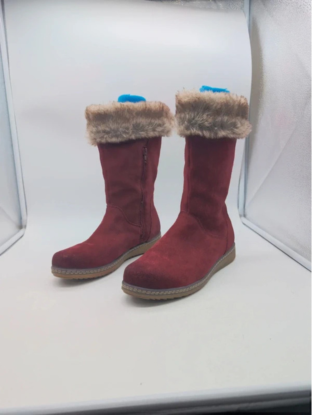 Spring Step Burgundy Suede Faux Fur Trim Mid Calf Boots  9